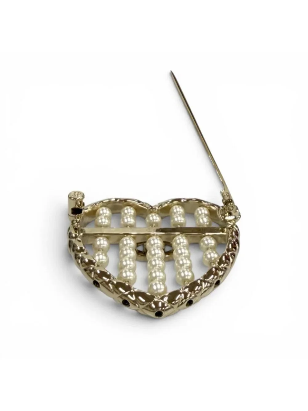 Chanel CC Logo Quilted Heart Brooch Gold White